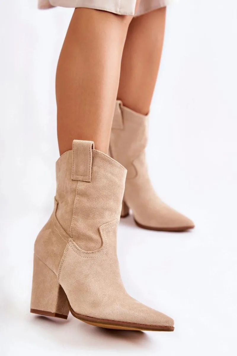 Sale Damskie Zamszowe Botki Kowbojki Beżowe Mindy Damskie Botki Wiosenne|Brązowe I Beżowe Botki