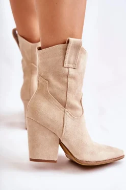 Sale Damskie Zamszowe Botki Kowbojki Beżowe Mindy Damskie Botki Wiosenne|Brązowe I Beżowe Botki