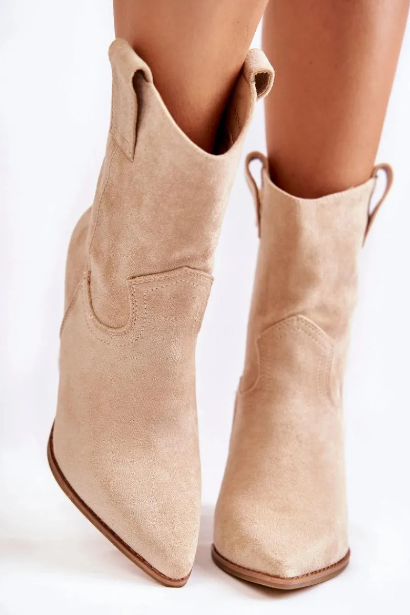 Sale Damskie Zamszowe Botki Kowbojki Beżowe Mindy Damskie Botki Wiosenne|Brązowe I Beżowe Botki