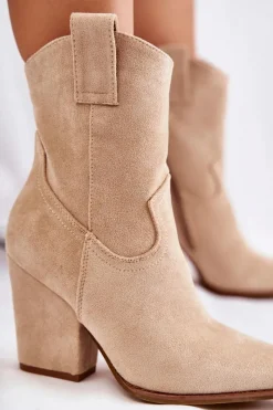 Sale Damskie Zamszowe Botki Kowbojki Beżowe Mindy Damskie Botki Wiosenne|Brązowe I Beżowe Botki