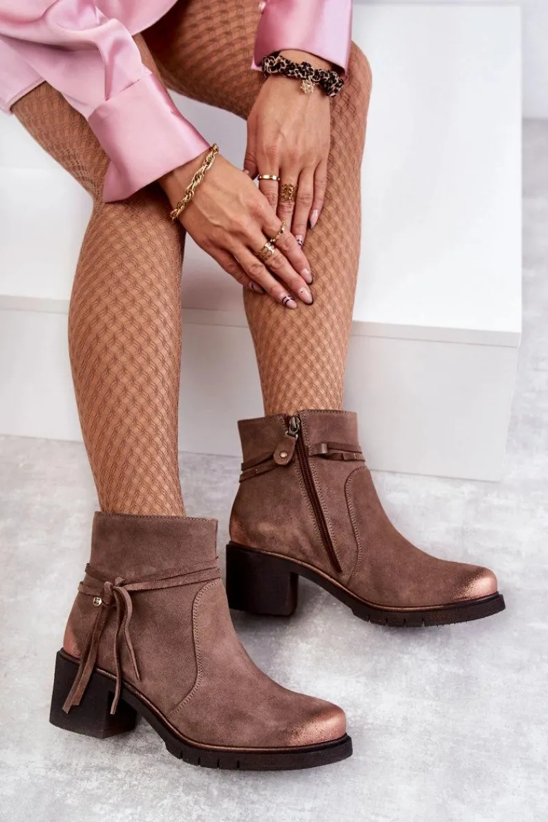 Discount Damskie Zamszowe Botki 05720-14 Jasnobrązowe Damskie Botki Maciejka|Botki Na Słupku