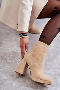 Best Boto Damskie Zamszowe Botki Na Obcasie Jasnobeżowe Ramira Beżowy