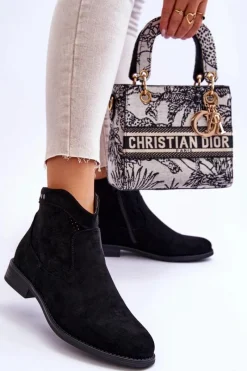 Online Damskie Zamszowe Botki Na Płaskim Obcasie Czarne Liana Damskie Botki Wiosenne|Czarne Botki