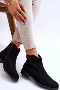 Online Damskie Zamszowe Botki Na Płaskim Obcasie Czarne Liana Damskie Botki Wiosenne|Czarne Botki