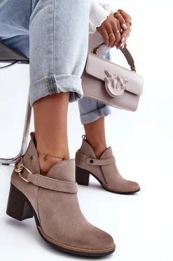 New Damskie Zamszowe Botki Na Obcasie 06247-04 Beżowe Damskie Botki Wiosenne|Botki Maciejka