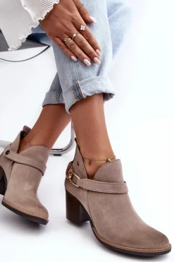 New Damskie Zamszowe Botki Na Obcasie 06247-04 Beżowe Damskie Botki Wiosenne|Botki Maciejka