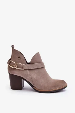 New Damskie Zamszowe Botki Na Obcasie 06247-04 Beżowe Damskie Botki Wiosenne|Botki Maciejka