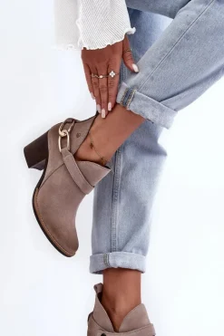 New Damskie Zamszowe Botki Na Obcasie 06247-04 Beżowe Damskie Botki Wiosenne|Botki Maciejka