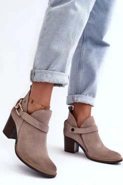 New Damskie Zamszowe Botki Na Obcasie 06247-04 Beżowe Damskie Botki Wiosenne|Botki Maciejka