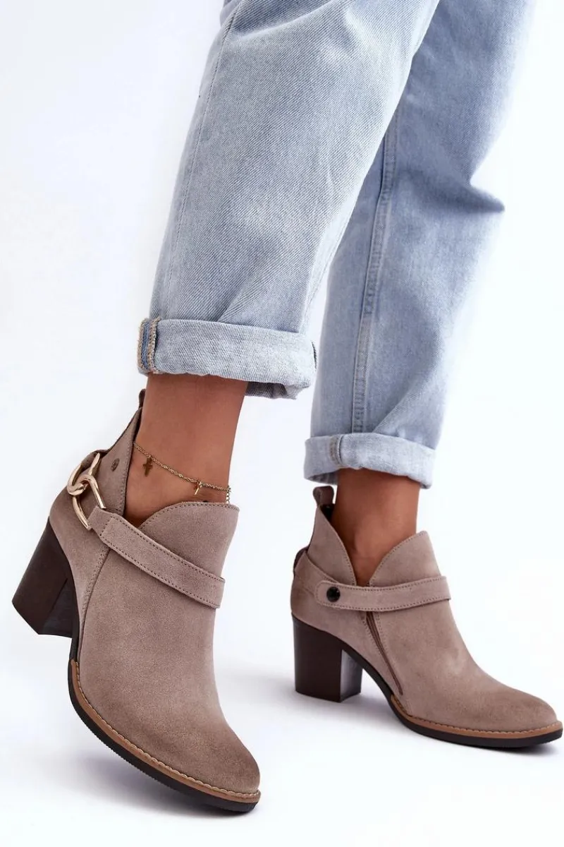 New Damskie Zamszowe Botki Na Obcasie 06247-04 Beżowe Damskie Botki Wiosenne|Botki Maciejka