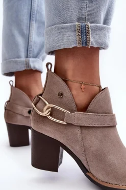 New Damskie Zamszowe Botki Na Obcasie 06247-04 Beżowe Damskie Botki Wiosenne|Botki Maciejka