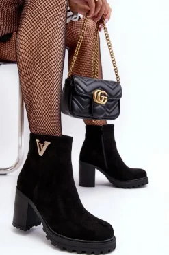 Online Damskie Zamszowe Botki Na Słupku Z Ozdobą Czarne Strong Damskie Botki Wiosenne|Botki Ocieplane