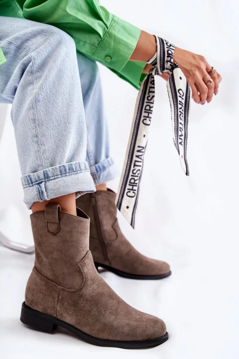 Sale Damskie Zamszowe Botki Na Płaskim Obcasie Ciemnoszary Fiorenz Damskie Botki Wiosenne|Czarne Botki