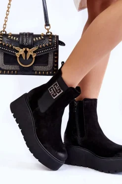 New Damskie Zamszowe Botki Na Masywnej Platformie Czarne Lemar Savira Damskie Botki Na Koturnie|Czarne Botki