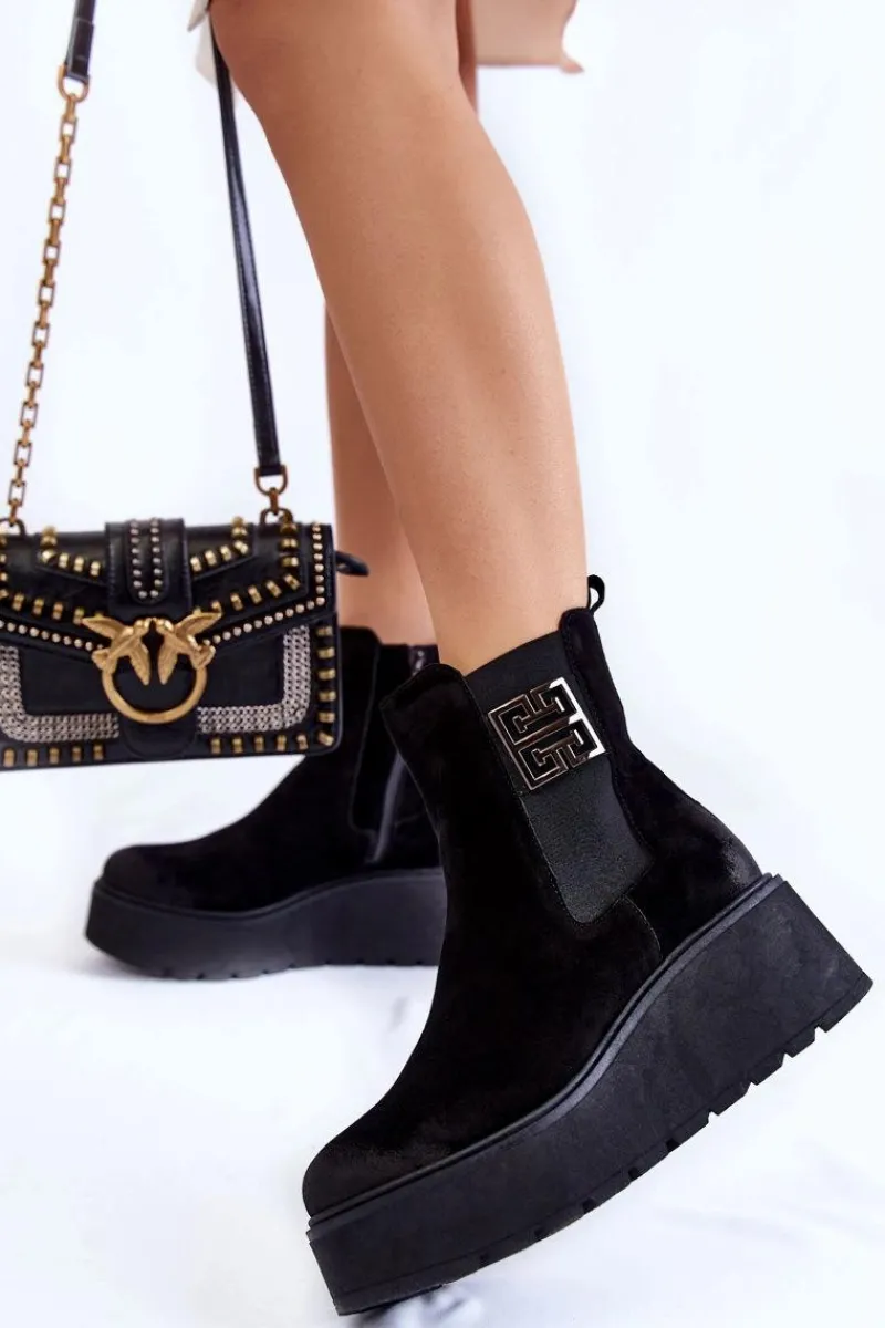 New Damskie Zamszowe Botki Na Masywnej Platformie Czarne Lemar Savira Damskie Botki Na Koturnie|Czarne Botki