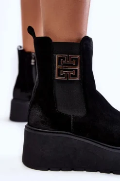 New Damskie Zamszowe Botki Na Masywnej Platformie Czarne Lemar Savira Damskie Botki Na Koturnie|Czarne Botki