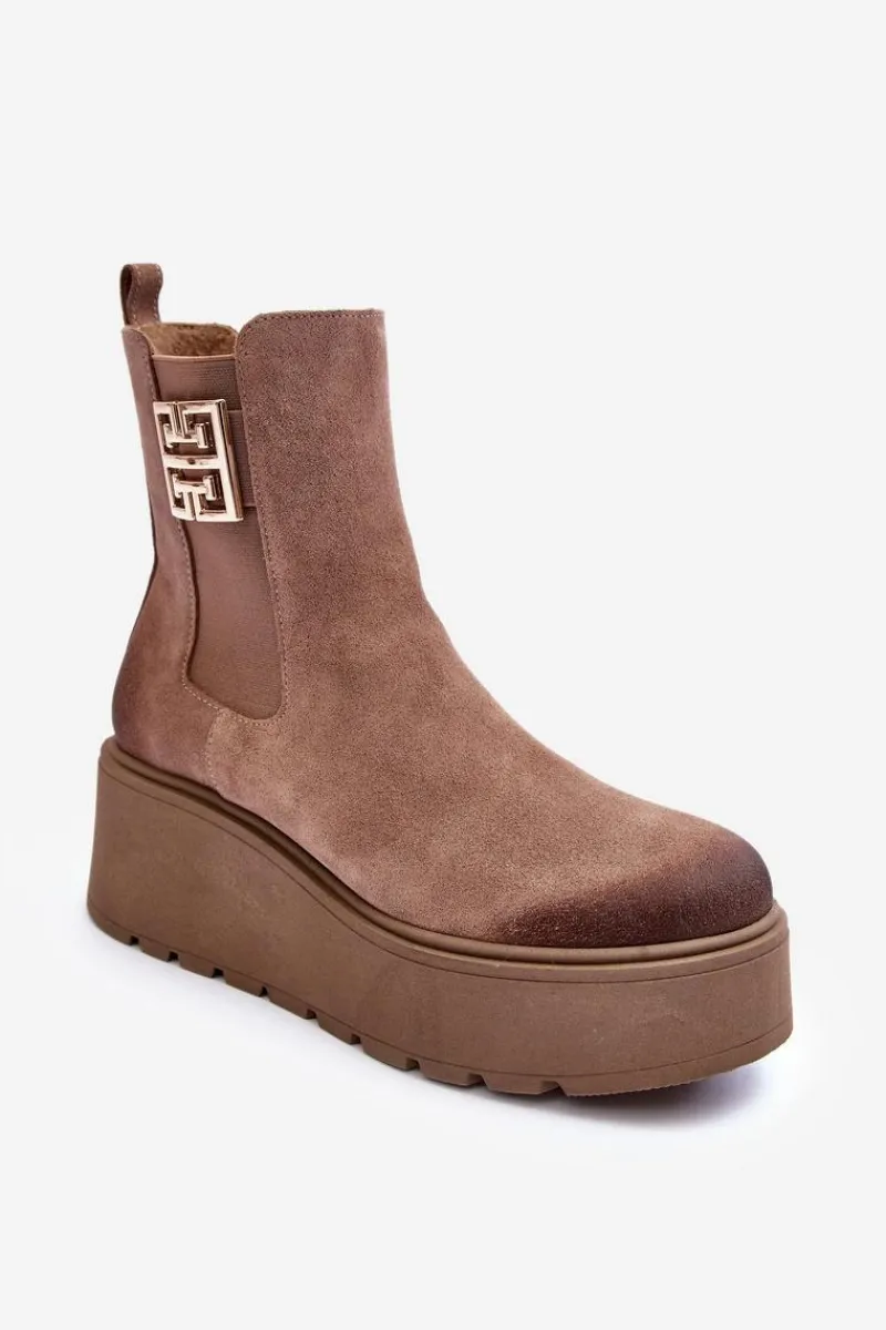 Sale Damskie Zamszowe Botki Na Masywnej Platformie Ciemnobeżowe Lemar Savira Damskie Botki Na Koturnie|Botki Zimowe Damskie