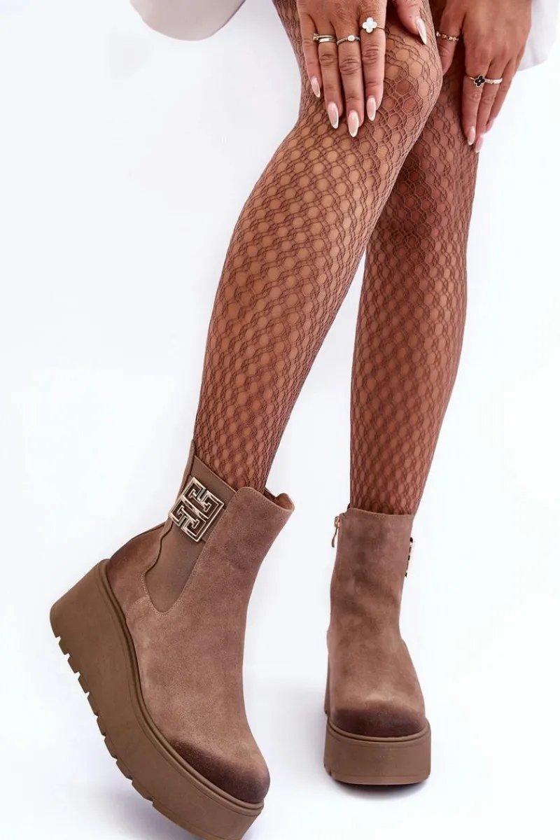 Sale Damskie Zamszowe Botki Na Masywnej Platformie Ciemnobeżowe Lemar Savira Damskie Botki Na Koturnie|Botki Zimowe Damskie