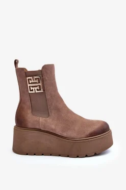 Sale Damskie Zamszowe Botki Na Masywnej Platformie Ciemnobeżowe Lemar Savira Damskie Botki Na Koturnie|Botki Zimowe Damskie