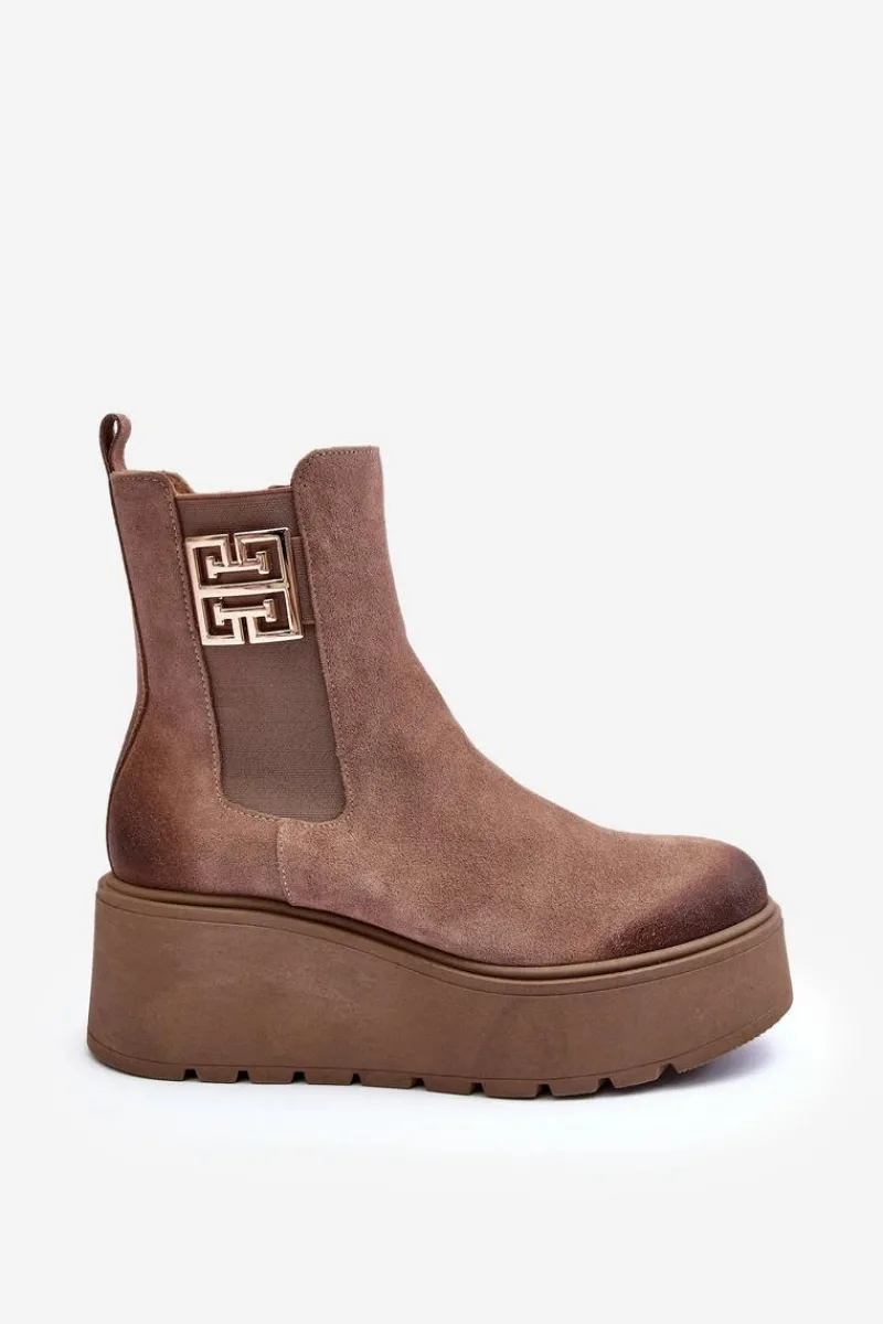 Sale Damskie Zamszowe Botki Na Masywnej Platformie Ciemnobeżowe Lemar Savira Damskie Botki Na Koturnie|Botki Zimowe Damskie