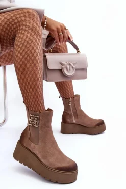 Sale Damskie Zamszowe Botki Na Masywnej Platformie Ciemnobeżowe Lemar Savira Damskie Botki Na Koturnie|Botki Zimowe Damskie