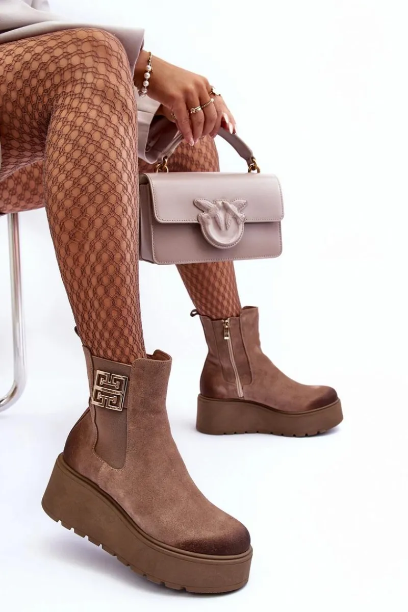 Sale Damskie Zamszowe Botki Na Masywnej Platformie Ciemnobeżowe Lemar Savira Damskie Botki Na Koturnie|Botki Zimowe Damskie