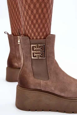 Sale Damskie Zamszowe Botki Na Masywnej Platformie Ciemnobeżowe Lemar Savira Damskie Botki Na Koturnie|Botki Zimowe Damskie