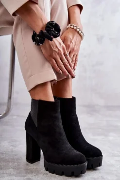 Outlet Boto Damskie Zamszowe Botki Na Obcasie Czarne Maricruz