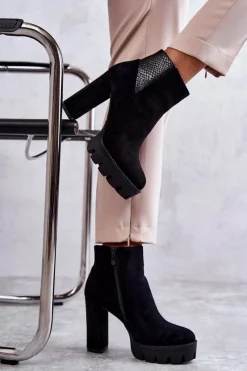 Outlet Boto Damskie Zamszowe Botki Na Obcasie Czarne Maricruz