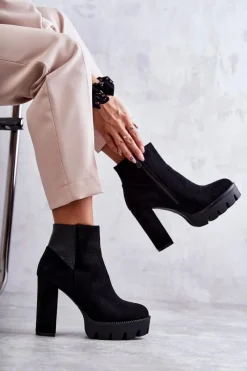 Outlet Boto Damskie Zamszowe Botki Na Obcasie Czarne Maricruz