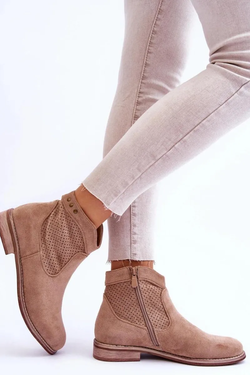 Botki Wiosenne|Botki Ażurowe>Damskie buty S.Barski Damskie Zamszowe Botki Na Płaskim Obcasie Beżowe Liana