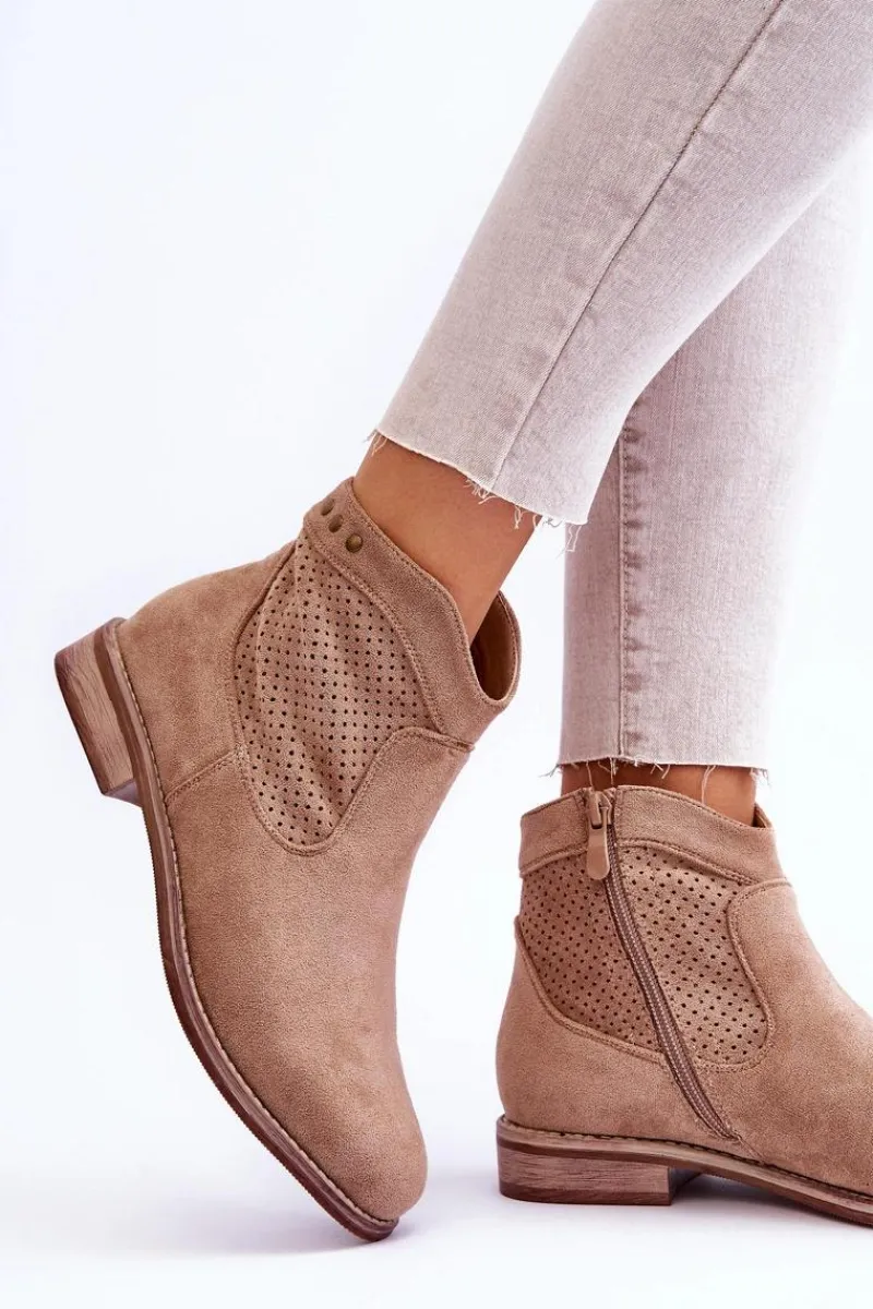 Botki Wiosenne|Botki Ażurowe>Damskie buty S.Barski Damskie Zamszowe Botki Na Płaskim Obcasie Beżowe Liana