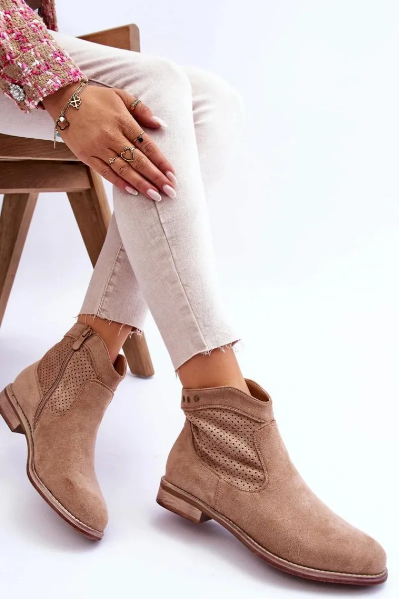 Botki Wiosenne|Botki Ażurowe>Damskie buty S.Barski Damskie Zamszowe Botki Na Płaskim Obcasie Beżowe Liana