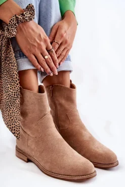 New Damskie Zamszowe Botki Na Płaskim Obcasie Beżowe Fiorenz Damskie Botki Wiosenne|Czarne Botki