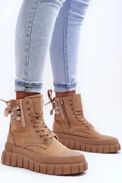 Best Damskie Zamszowe Botki Na Platformie Beżowe Raftera Damskie Botki Sznurowane|Czarne Botki