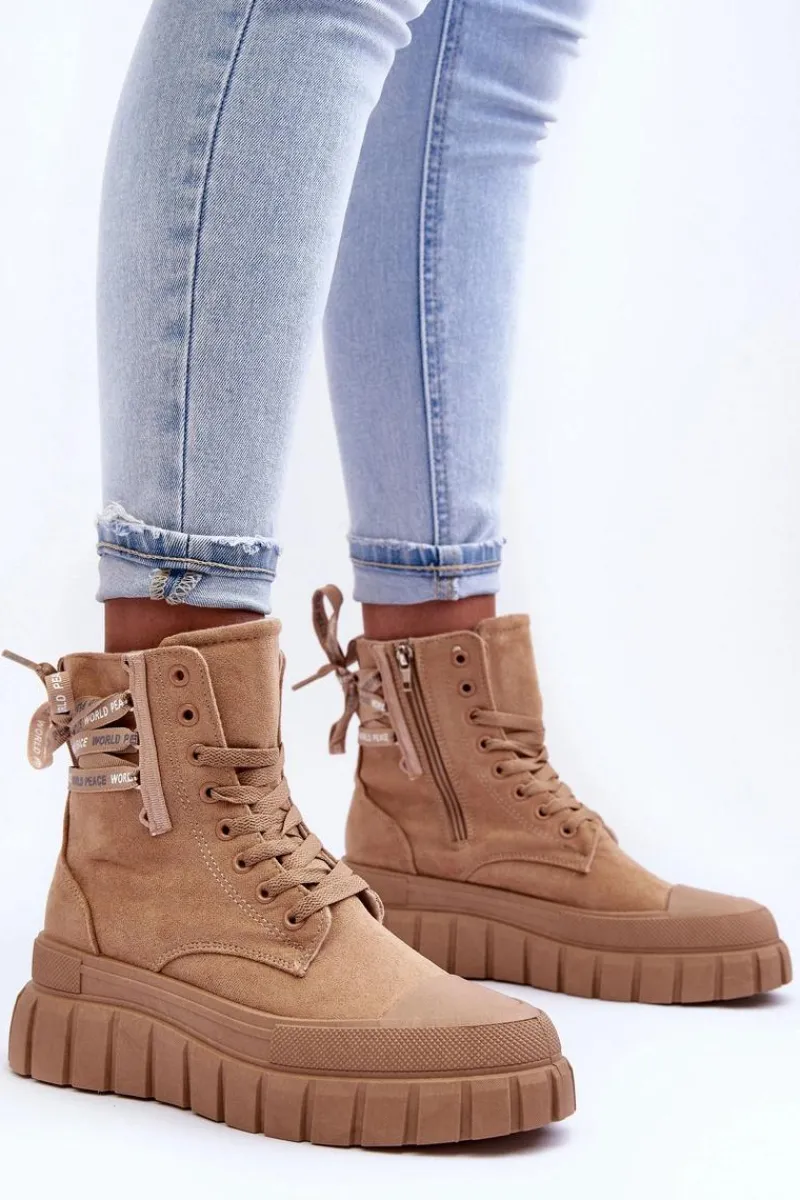 Best Damskie Zamszowe Botki Na Platformie Beżowe Raftera Damskie Botki Sznurowane|Czarne Botki