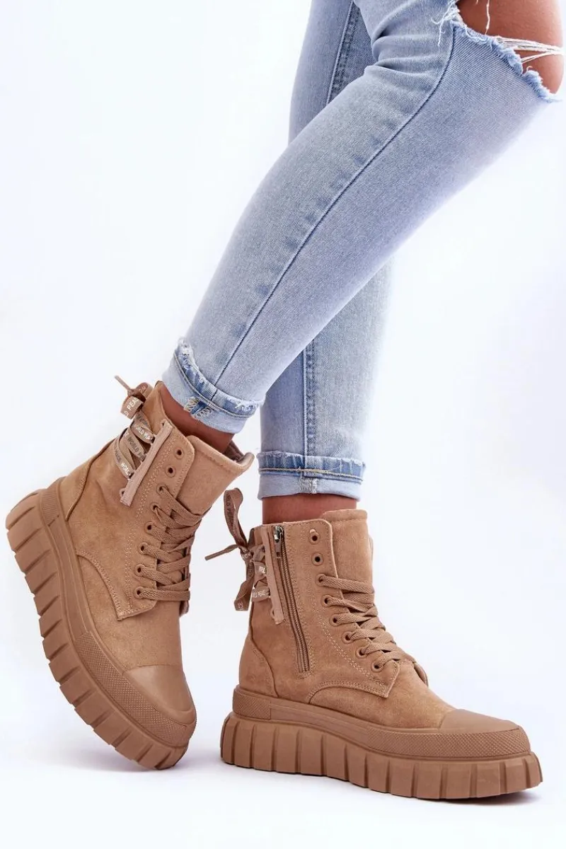 Best Damskie Zamszowe Botki Na Platformie Beżowe Raftera Damskie Botki Sznurowane|Czarne Botki