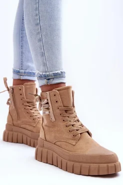 Best Damskie Zamszowe Botki Na Platformie Beżowe Raftera Damskie Botki Sznurowane|Czarne Botki