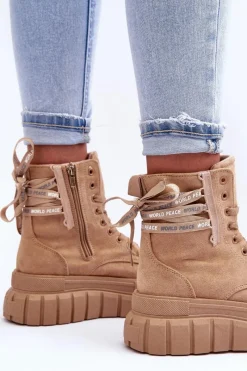 Best Damskie Zamszowe Botki Na Platformie Beżowe Raftera Damskie Botki Sznurowane|Czarne Botki