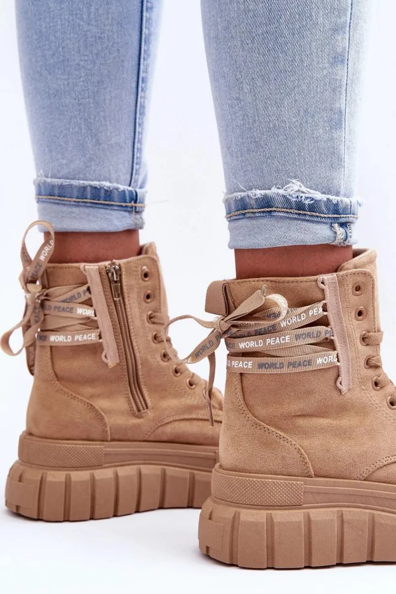 Best Damskie Zamszowe Botki Na Platformie Beżowe Raftera Damskie Botki Sznurowane|Czarne Botki