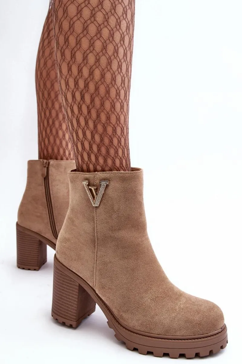 Botki Wiosenne|Botki Ocieplane>Boto Damskie Zamszowe Botki Na Słupku Z Ozdobą Beżowe Strong Beżowy