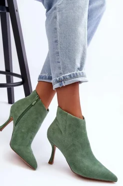 Outlet Boto Damskie Zamszowe Botki Na Szpilce Zielone Merisa