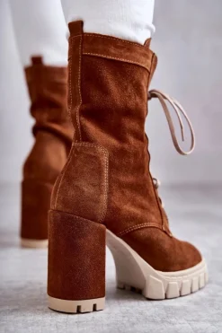Sale Boto Damskie Zamszowe Botki Na Platformie Brązowe Edna Brązowy