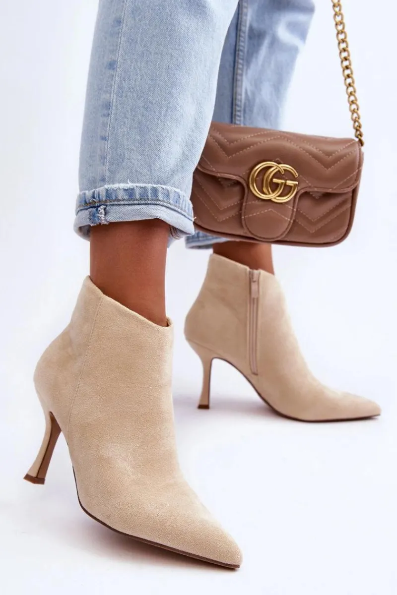 Botki Wiosenne|Brązowe I Beżowe Botki>Boto Damskie Zamszowe Botki Na Szpilce Jasnobeżowe Merisa