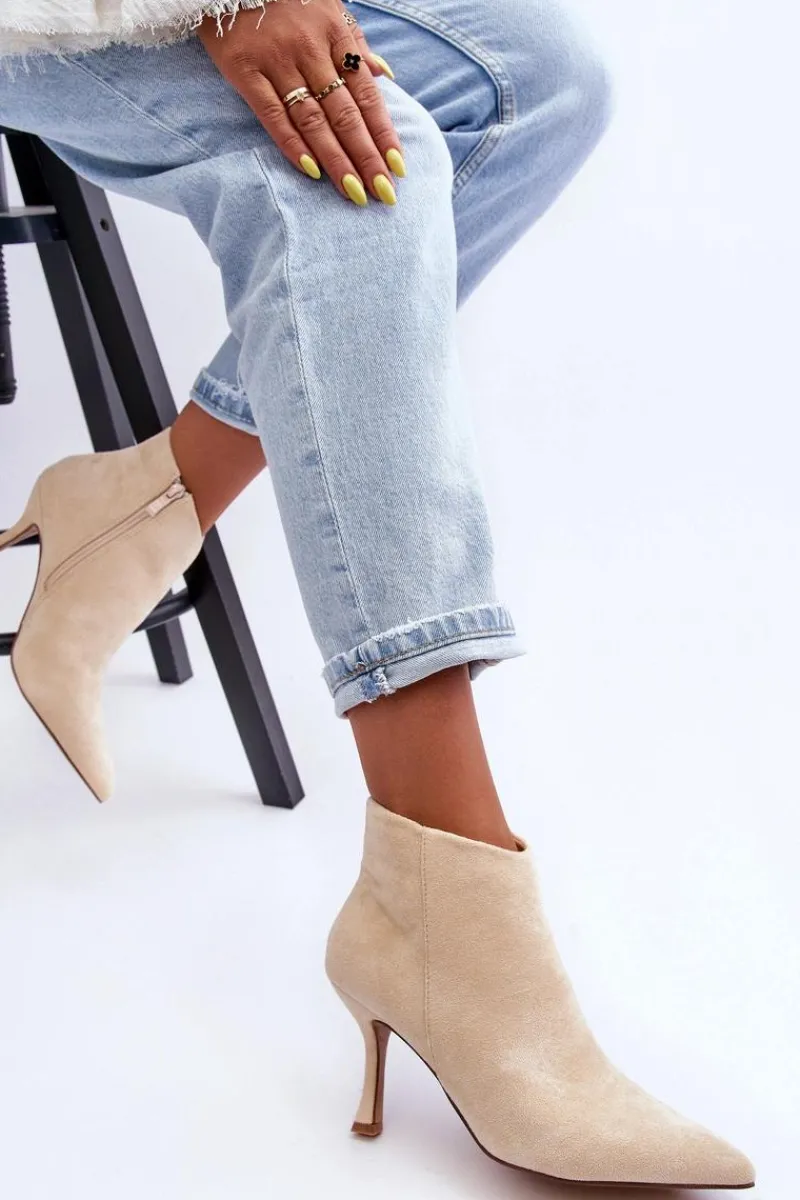 Botki Wiosenne|Brązowe I Beżowe Botki>Boto Damskie Zamszowe Botki Na Szpilce Jasnobeżowe Merisa