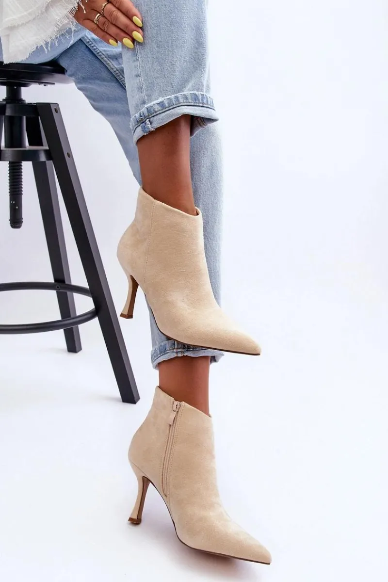 Botki Wiosenne|Brązowe I Beżowe Botki>Boto Damskie Zamszowe Botki Na Szpilce Jasnobeżowe Merisa