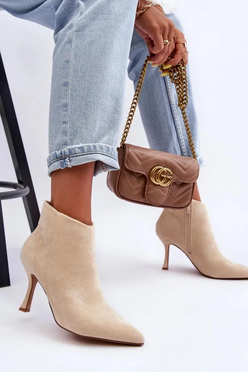 Botki Wiosenne|Brązowe I Beżowe Botki>Boto Damskie Zamszowe Botki Na Szpilce Jasnobeżowe Merisa