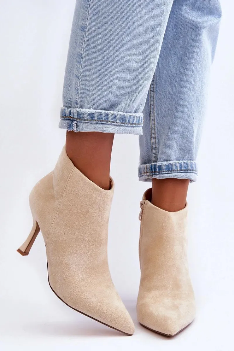 Botki Wiosenne|Brązowe I Beżowe Botki>Boto Damskie Zamszowe Botki Na Szpilce Jasnobeżowe Merisa