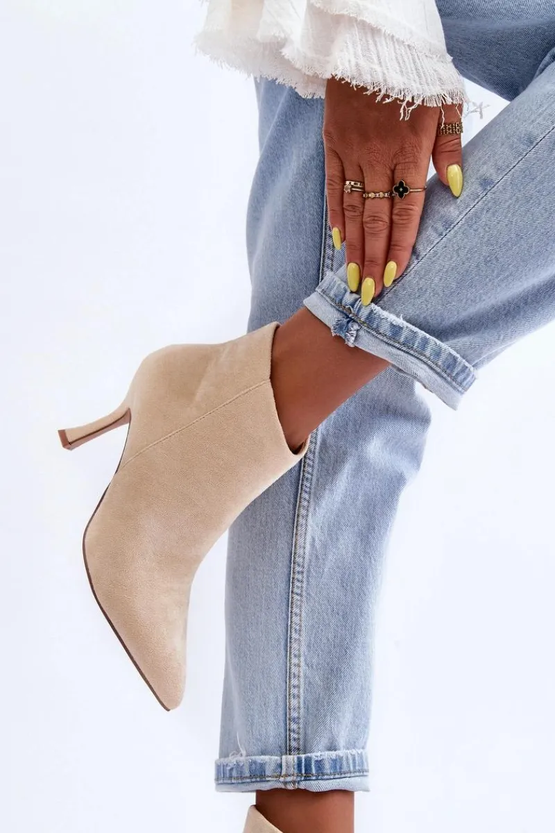 Botki Wiosenne|Brązowe I Beżowe Botki>Boto Damskie Zamszowe Botki Na Szpilce Jasnobeżowe Merisa