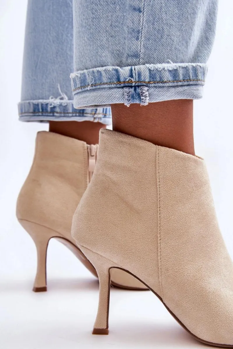 Botki Wiosenne|Brązowe I Beżowe Botki>Boto Damskie Zamszowe Botki Na Szpilce Jasnobeżowe Merisa